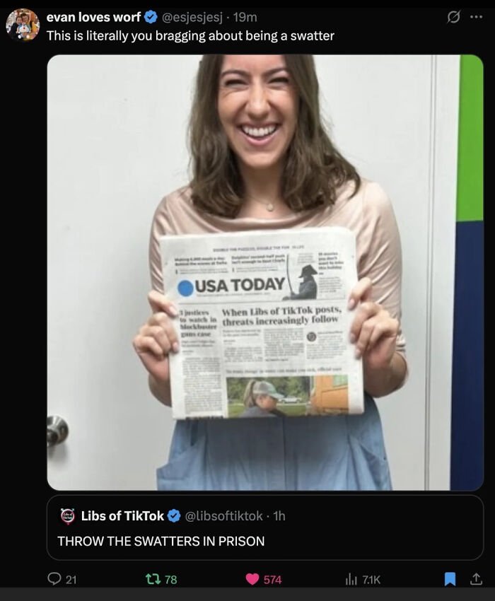 People satisfyingly got caught in contradictions online, where a woman holds a newspaper contradicting her actions.