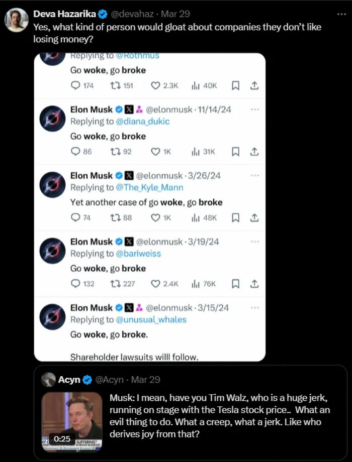 People satisfyingly got caught in contradictions online, as seen in this tweet showing Elon Musk's replies.