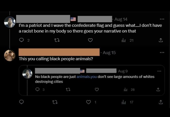 A screenshot showing a user getting caught in their contradictions online about waving a confederate flag and racism.