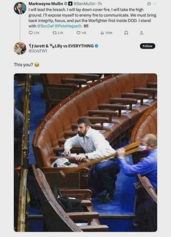 A screenshot of Markwayne Mullin getting caught in his contradictions online by hiding under a chair.