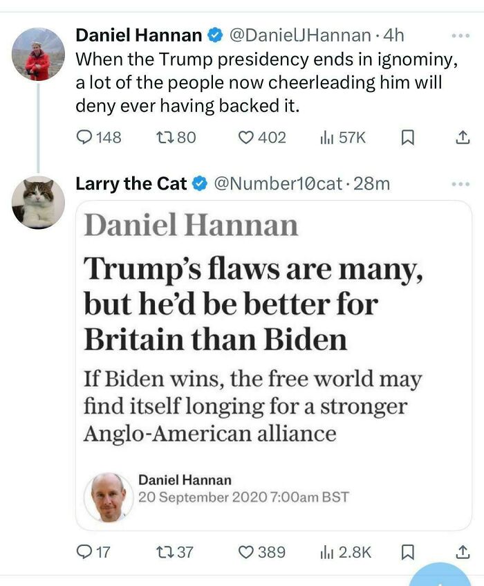 Screenshot of tweets showing Daniel Hannan being caught in contradictions about his views on Trump's presidency.