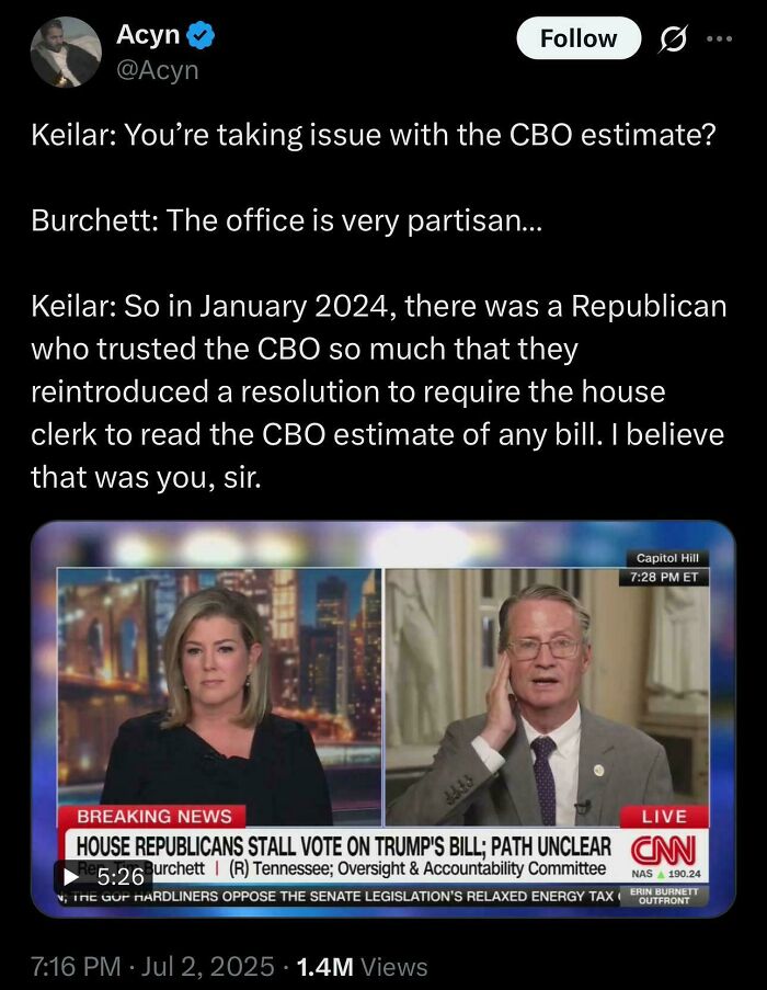 Screenshot of a news report about House Republicans stalling a vote on a Trump bill, catching people in contradictions.