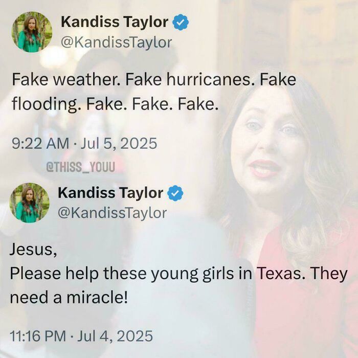 Kandiss Taylor's contradictory tweets about fake weather and a prayer for girls in Texas, revealing contradictions online.