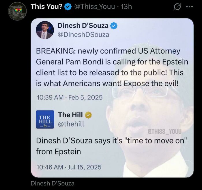 A screenshot of Dinesh D'Souza caught in online contradictions regarding the Epstein client list.