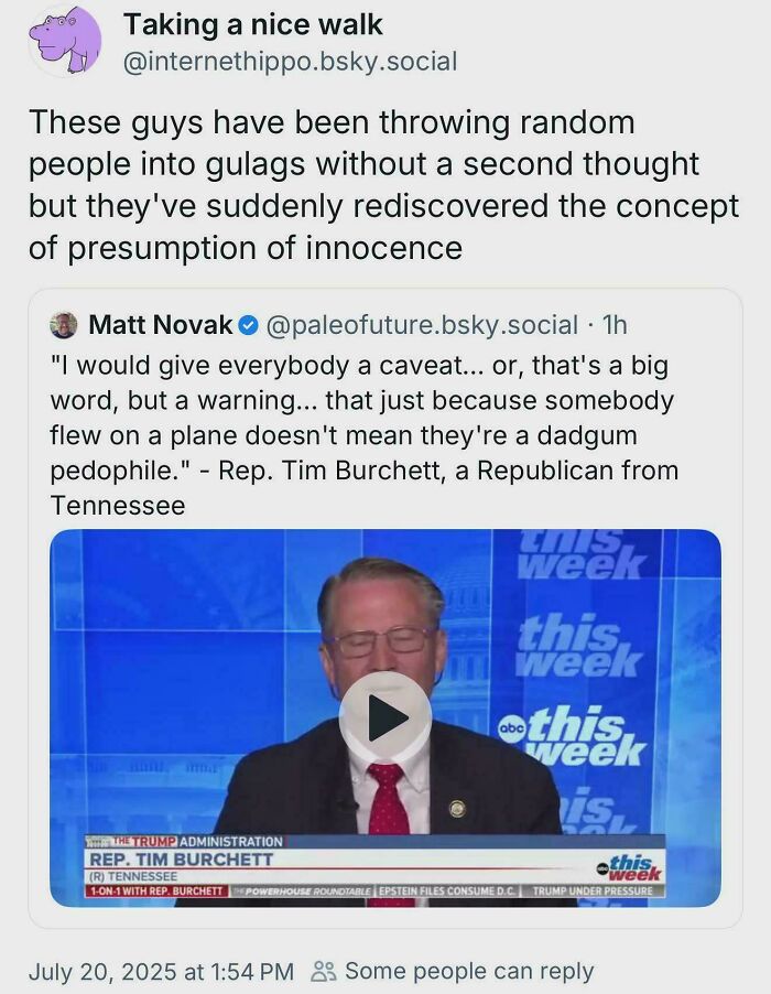 A tweet showcasing someone caught in their online contradictions about presumption of innocence and legal matters.