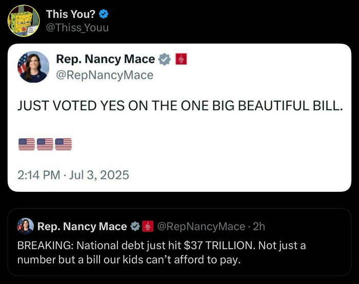A screenshot of two tweets by Rep. Nancy Mace, showing her caught in contradictions about national debt.
