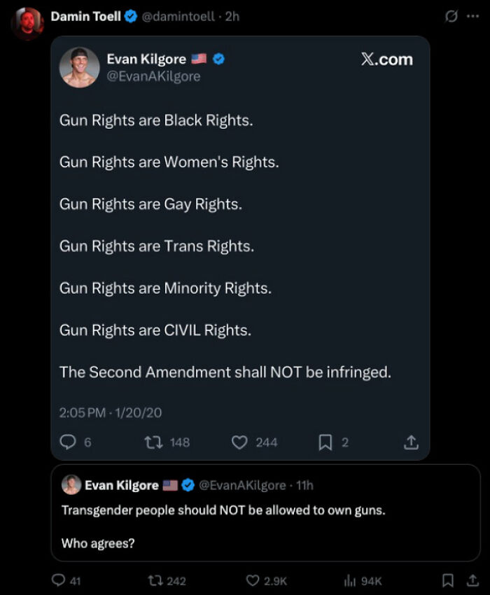 A screenshot showing a tweet thread where someone got caught in their contradictions about gun rights.