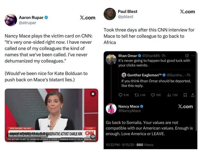 A screenshot of Nancy Mace claiming to be a victim, then shown telling Ilhan Omar to go back to Somalia online.