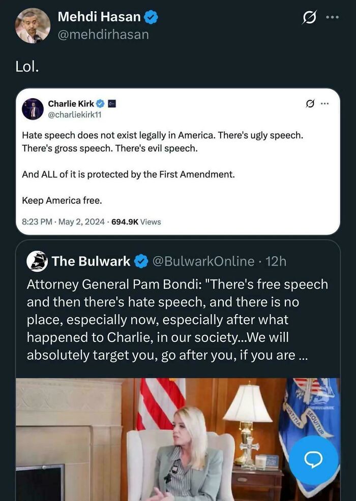 A screenshot showing Charlie Kirk defending hate speech, followed by Attorney General Pam Bondi opposing hate speech online.