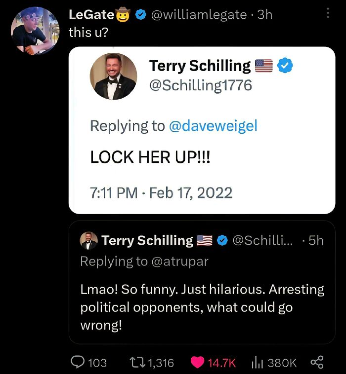 A screenshot showing Terry Schilling contradicting himself online by calling for an arrest then defending political opponents.