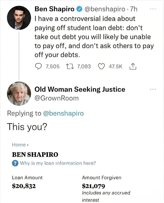 Ben Shapiro caught in his contradictions online about student loan debt, with his own loan forgiveness shown.