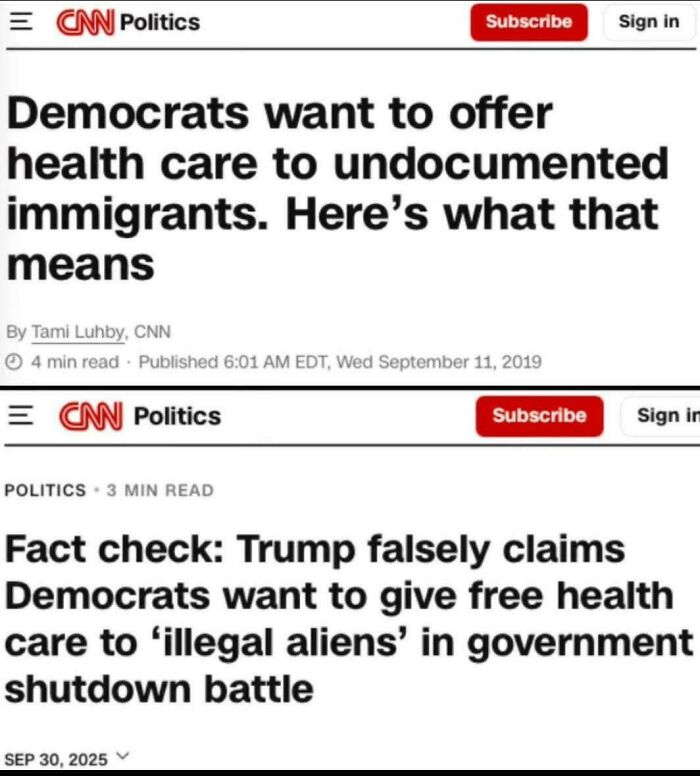 A split image of two CNN articles showing contradictions online regarding healthcare for immigrants.