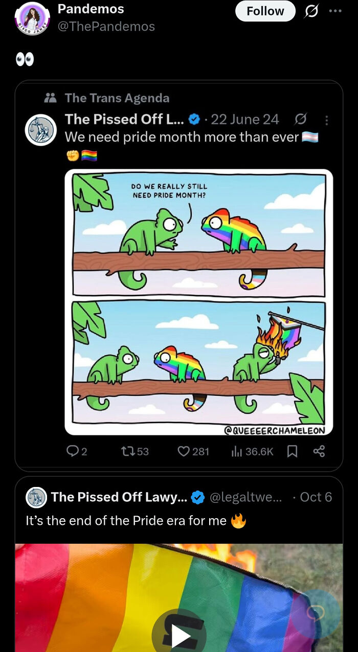 A screenshot displaying a tweet thread where an individual got caught in their contradictions online regarding Pride Month.