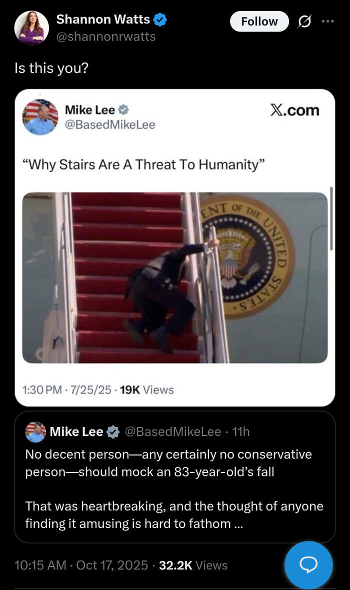 A screenshot of a tweet thread revealing a person got caught in their contradictions online about mocking an elderly fall.