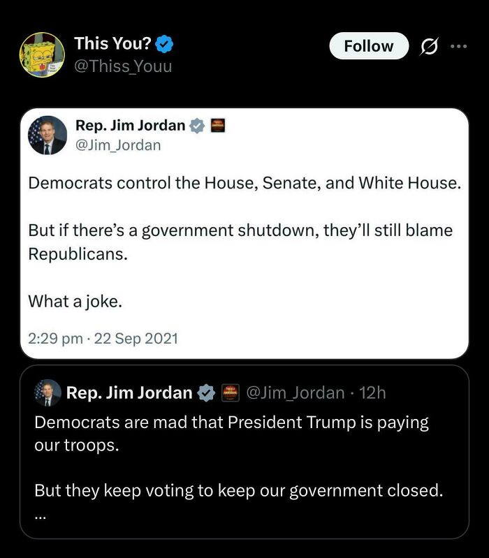 An image displaying a tweet thread where an individual got caught in their contradictions online regarding government shutdown.