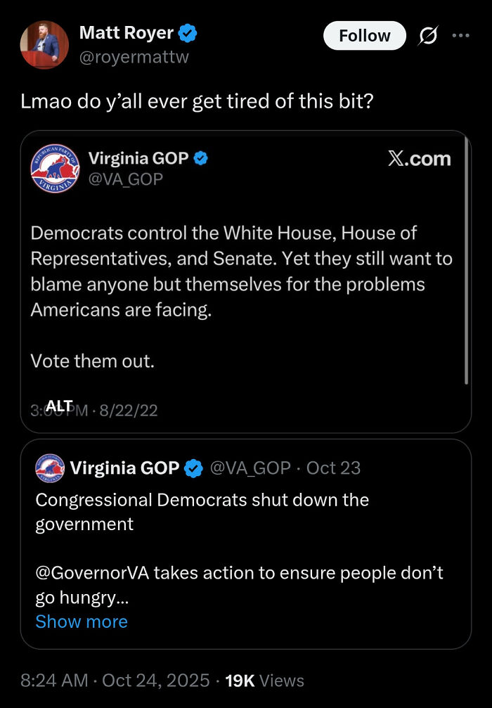 A screenshot showing a tweet thread where someone got caught in their contradictions online about government control.