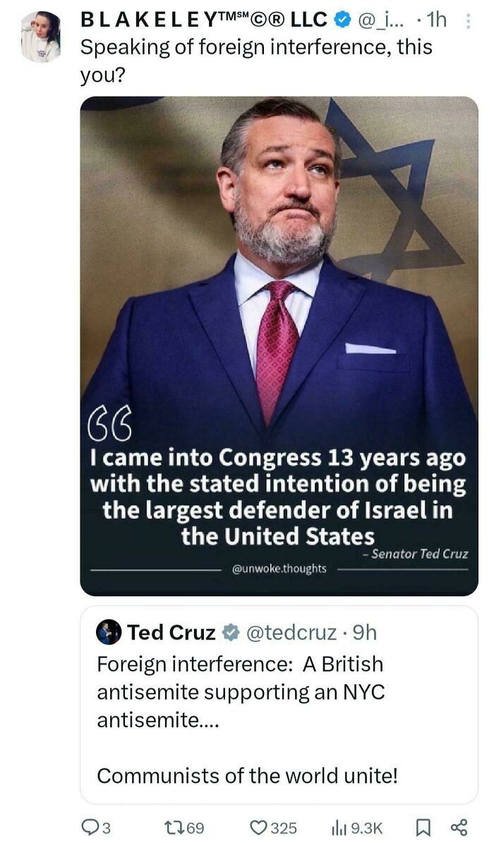 Ted Cruz caught in contradictions online, stating his defense of Israel while tweeting about foreign interference.