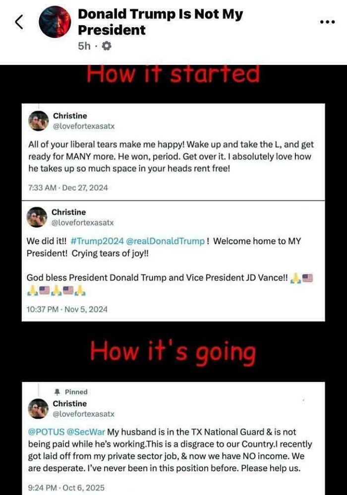 Christine, an online user, showing contradictions online from supporting Trump to requesting help for her husband's income.