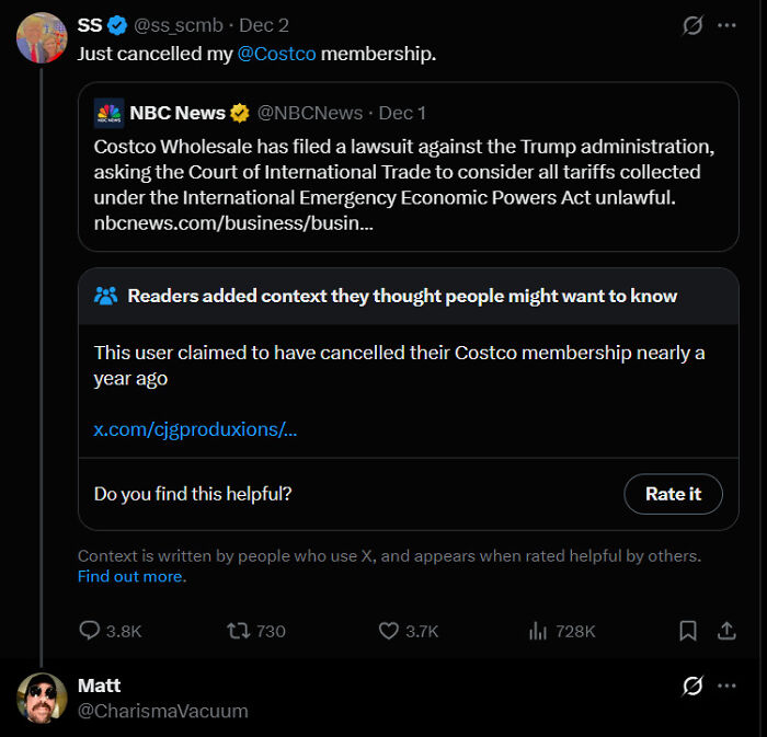 A social media post showing a user caught in contradictions about cancelling a Costco membership a year prior.