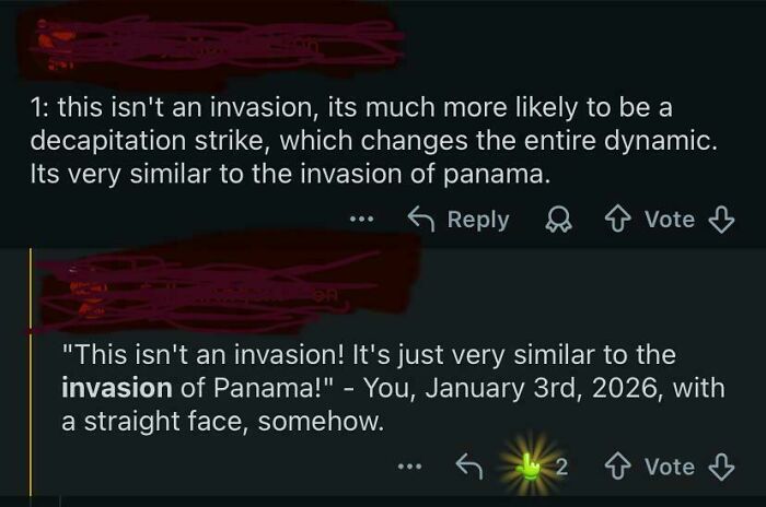 A social media post with a user caught in contradictions, stating an event is not an invasion but is similar to one.