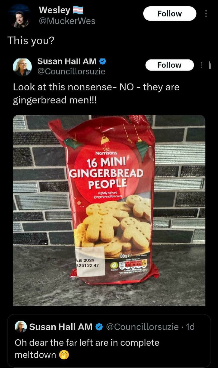 A social media post where someone is caught in contradictions by calling gingerbread people gingerbread men.