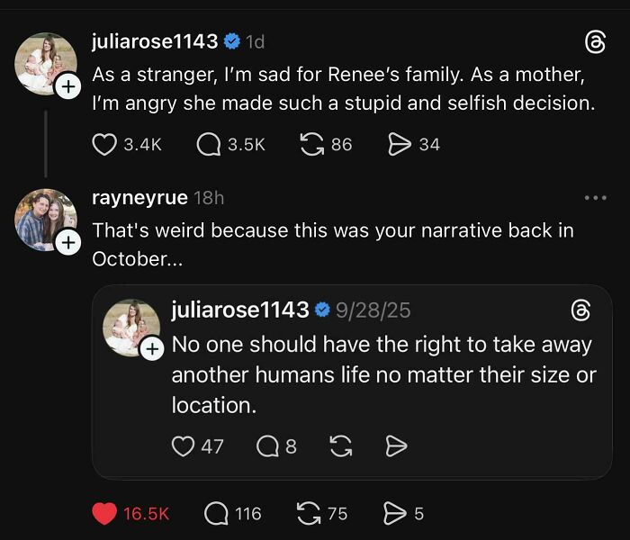 Screenshot of online users getting caught in their contradictions. Juliarose1143's current post versus her past statement about human life.