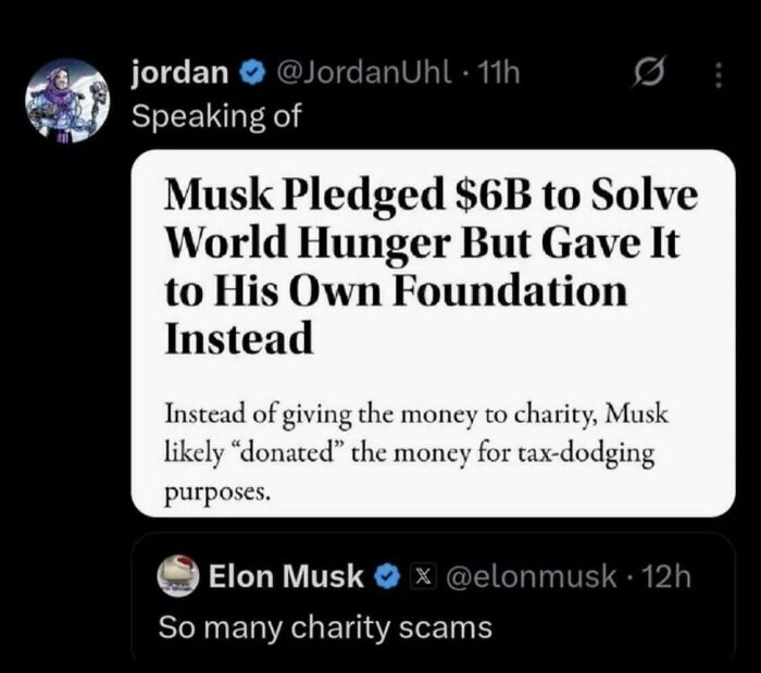 Screenshot of online users getting caught in their contradictions. News about Elon Musk's pledge for world hunger versus his tweet about charity scams.