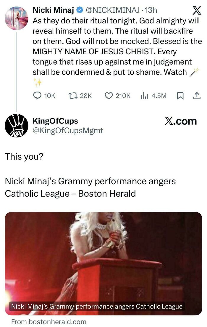 Screenshot of online users getting caught in their contradictions. Nicki Minaj's tweet versus her Grammy performance controversy.