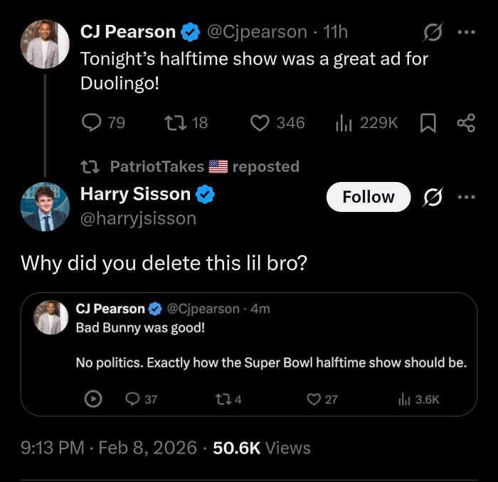 A social media thread capturing a user caught in their contradictions online, deleting a tweet about the Super Bowl halftime show.