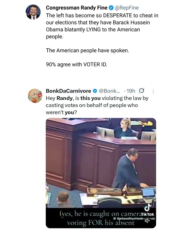 A screenshot of tweets showing a politician caught in their contradictions online, accused of voter fraud despite advocating for voter ID.