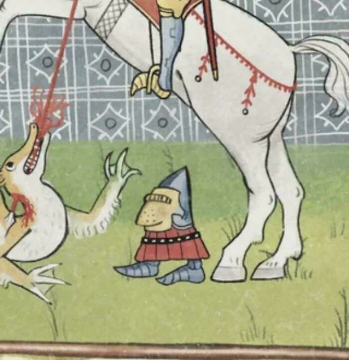 An unusual, whimsical illustration from the Middle Ages featuring a creature and a small, armored figure.