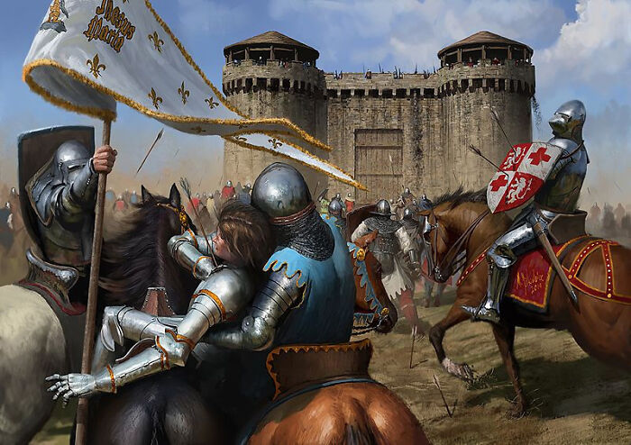 A fierce battle scene from the Middle Ages with knights on horseback outside a fortified castle.