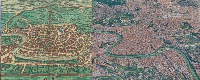 Side-by-side comparison of a detailed Middle Ages city map with a modern aerial view, revealing human history.