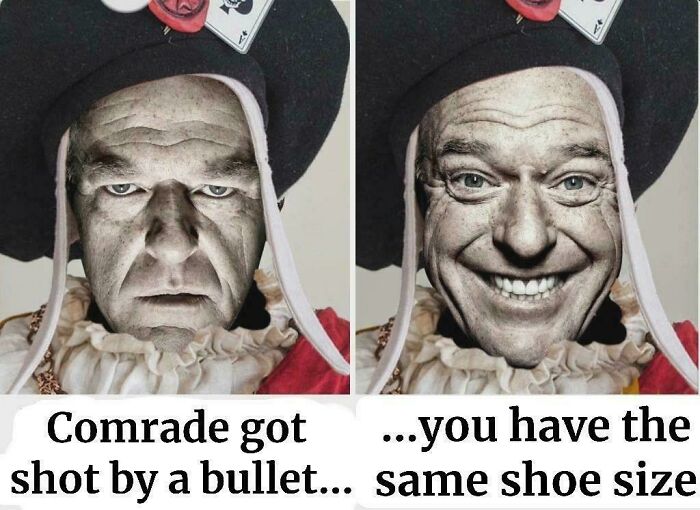 A history meme with two images of a man in historical attire, one sad, one happy, about a comrade getting shot.