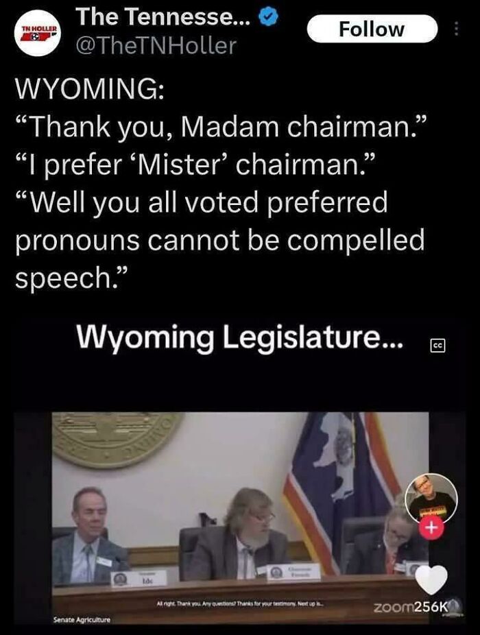 Tweet screenshot about Wyoming Legislature discussion on preferred pronouns, highlighting support for wrong side and unexpected consequences.