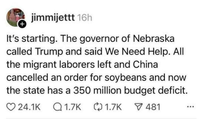 Social media post highlighting consequences faced due to policy and economic actions affecting Nebraska’s budget deficit.