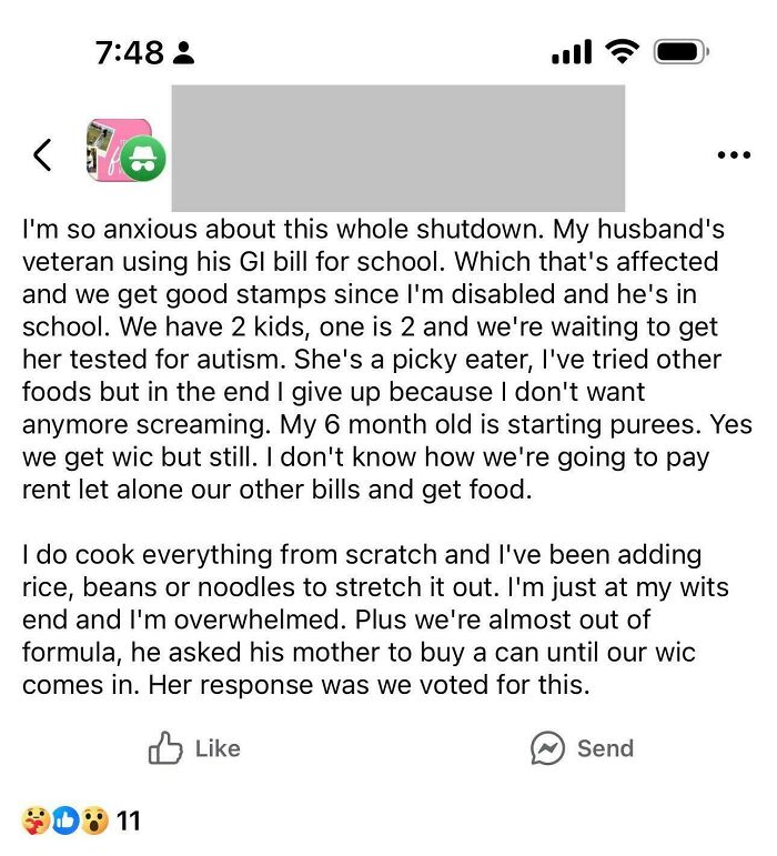 Alt text: Social media post showing a parent sharing struggles and consequences faced during a shutdown affecting family support systems.