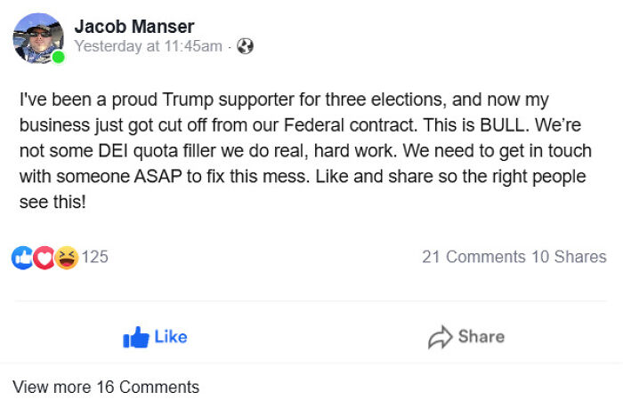 Social media post showing a Trump supporter upset over losing a federal contract due to political consequences.
