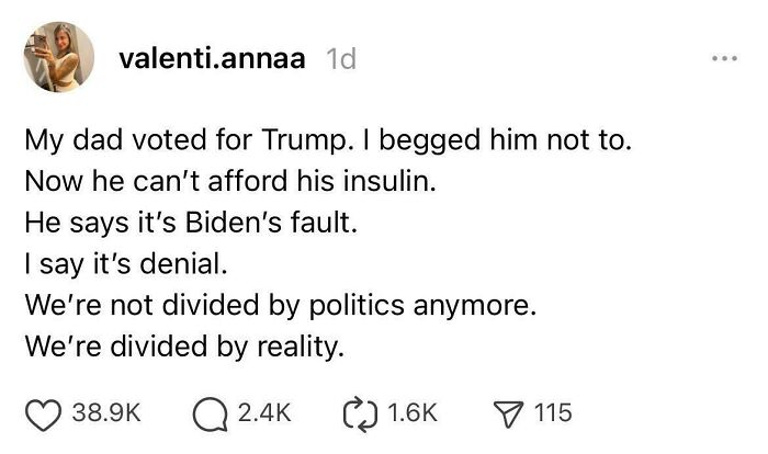 Social media post showing consequences faced by someone who supported the wrong side, highlighting political division and denial.