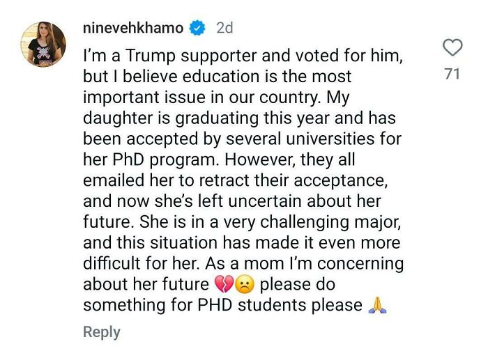 Social media comment about consequences faced by a Trump supporter’s daughter after university acceptance retractions.