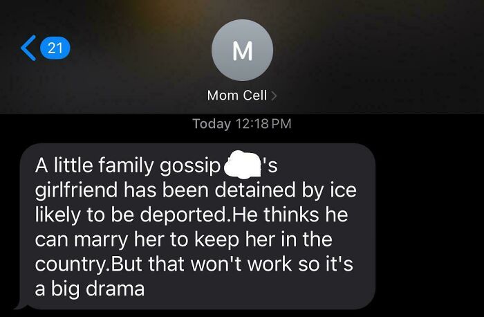 Text message about family drama involving detention and deportation, highlighting consequences faced by people who supported the wrong side.