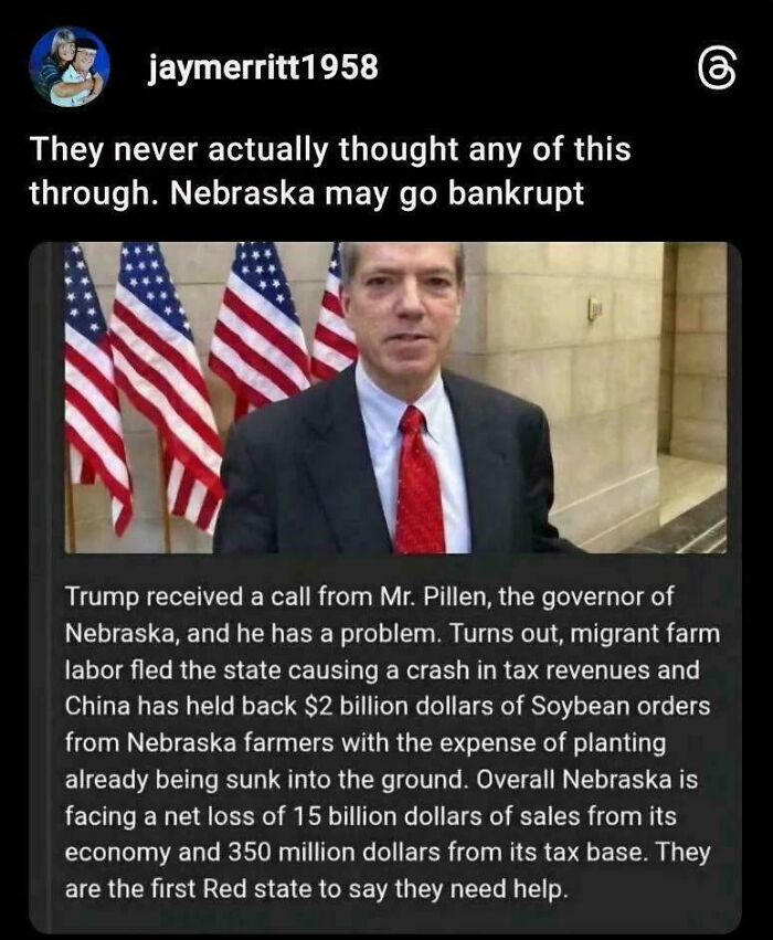 Man in suit and red tie speaking about Nebraska's economic losses and consequences faced by supporters of the wrong side.