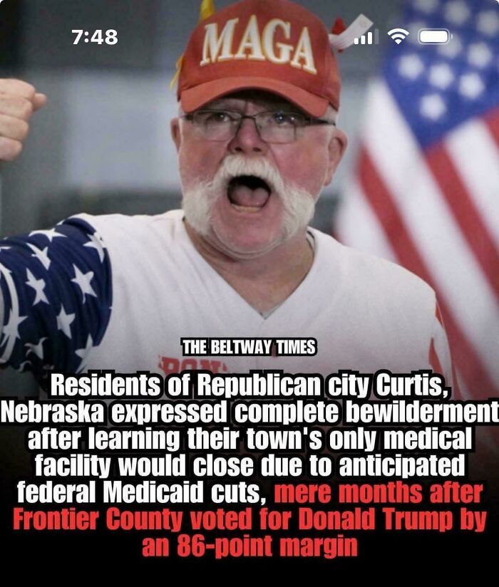 Man wearing a MAGA hat and patriotic shirt expressing shock, illustrating people who supported the wrong side facing consequences.