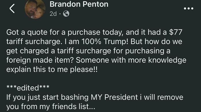 Screenshot of a social media post showing a person surprised by a tariff surcharge and supporting the wrong side with consequences.