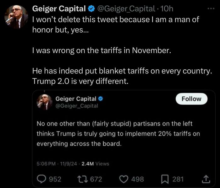 Tweet screenshot showing a person admitting they were wrong about tariffs, reflecting consequences of supporting the wrong side.