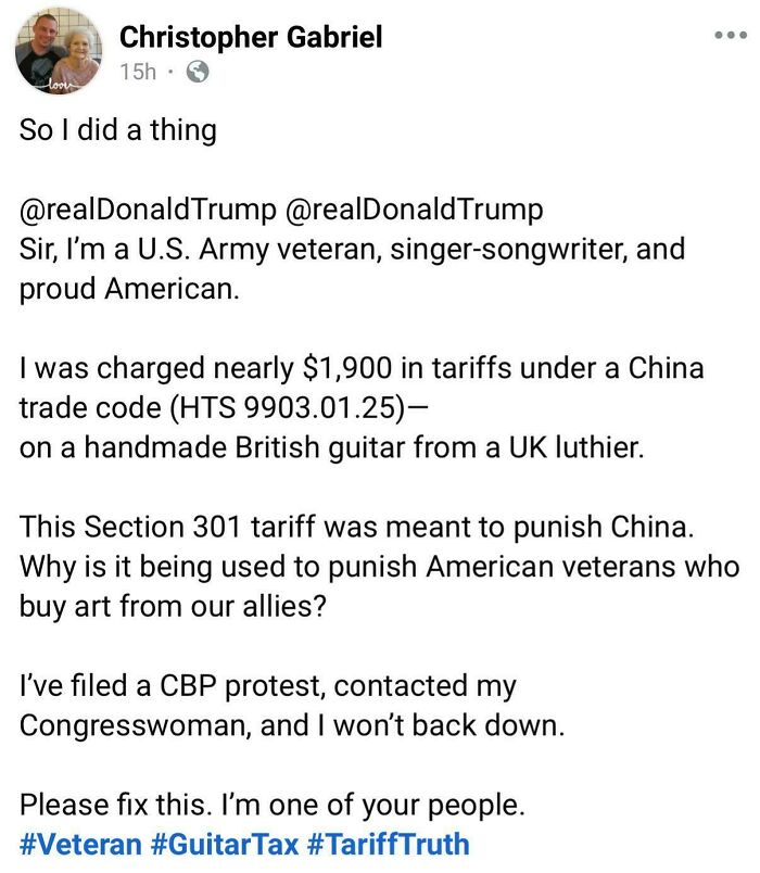 Screenshot of a U.S. Army veteran explaining unexpected consequences of tariffs on a British guitar purchase.