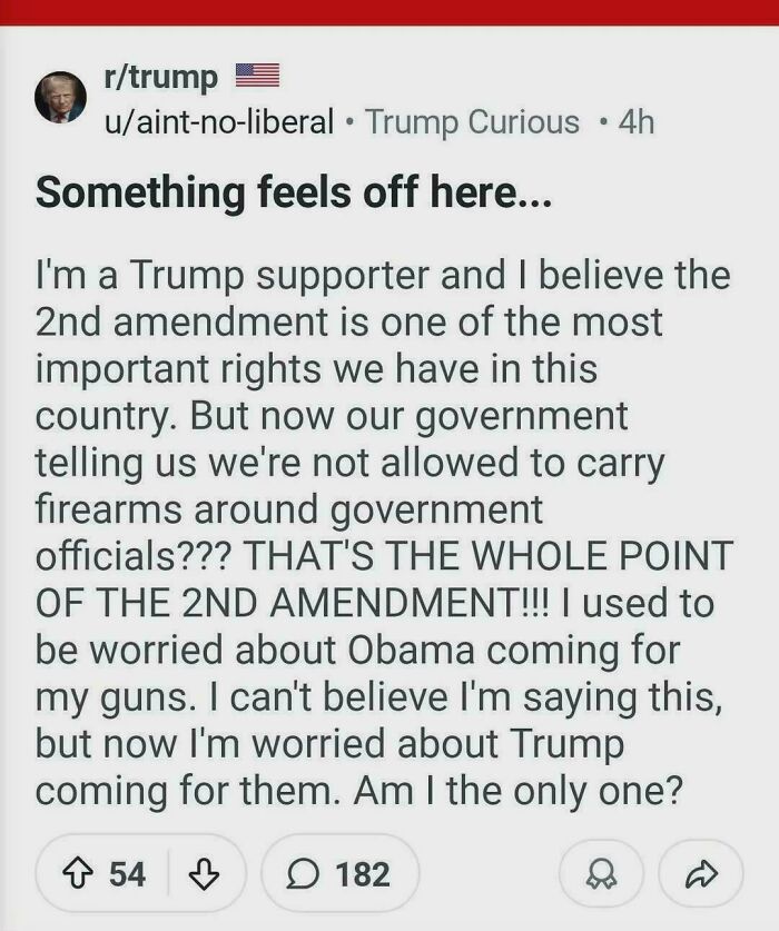 Reddit post showing a Trump supporter questioning gun rights and consequences of supporting the wrong side in politics.