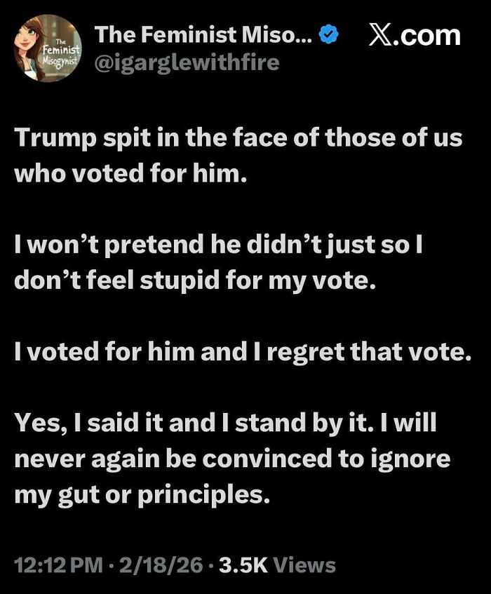 Tweet expressing regret from a supporter about voting for Trump, highlighting consequences for those who supported the wrong side.