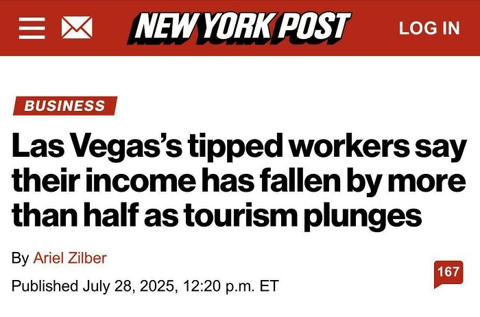 Headline from New York Post about tipped workers in Las Vegas facing income drop as tourism plunges, showing consequences faced.