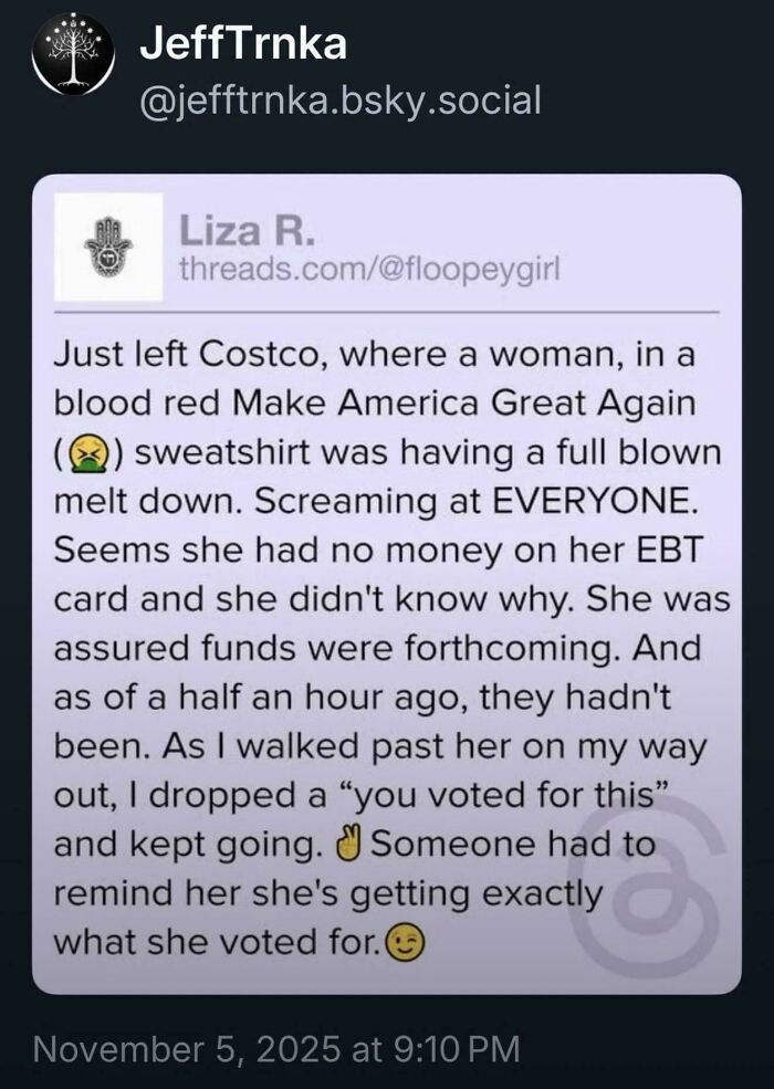 Social media post describing a woman in a MAGA sweatshirt facing consequences after voting, highlighting support for the wrong side.